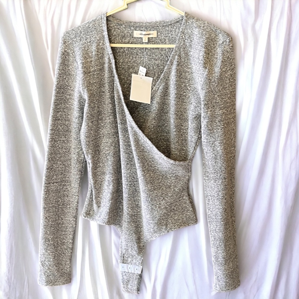 NWT Madewell Long Sleeve Heather Grey Wrap Thong Bodysuit Size Small